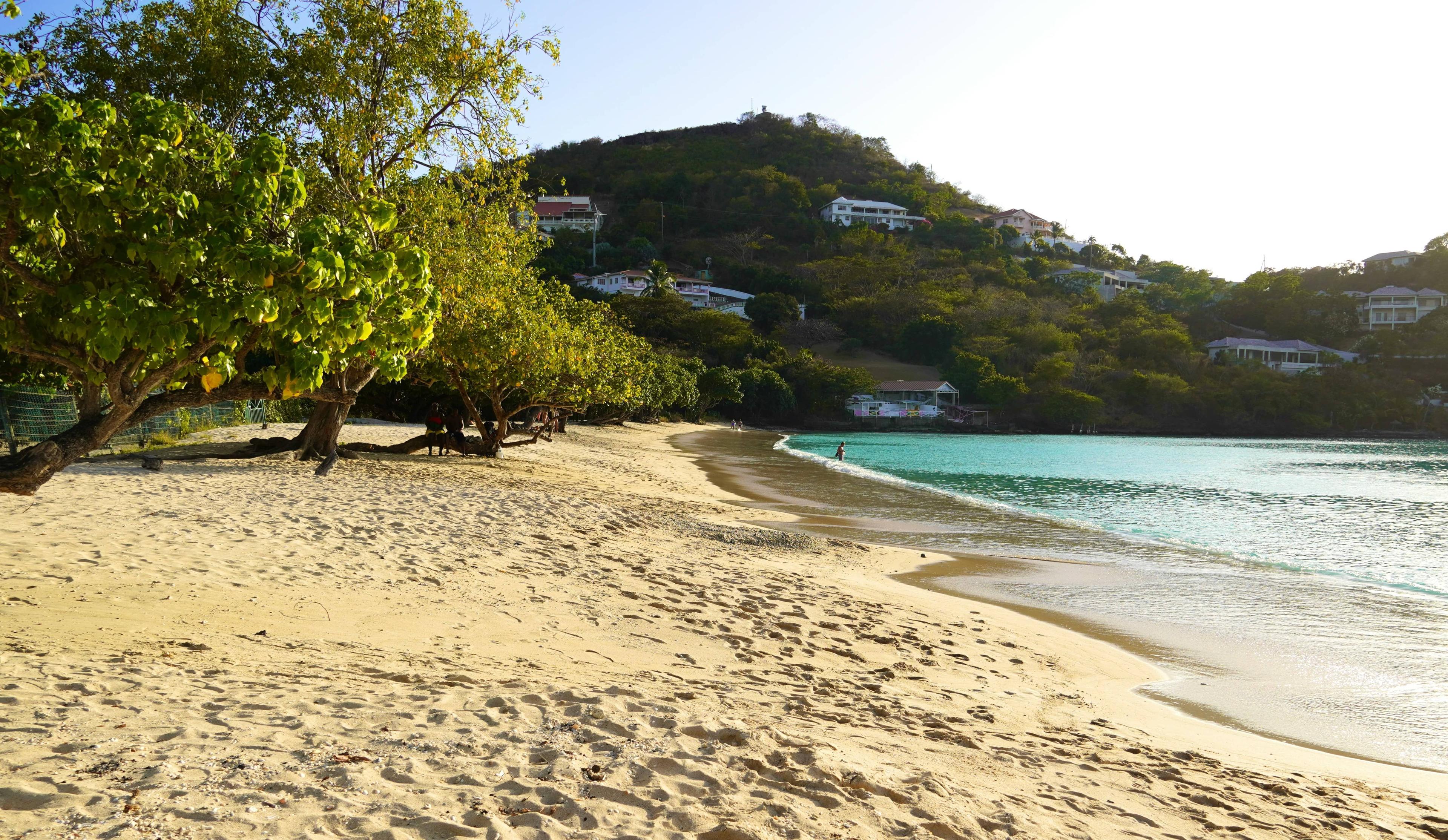 Sandy beach with turquoise water, green trees, and a lush hillside dotted with buildings.