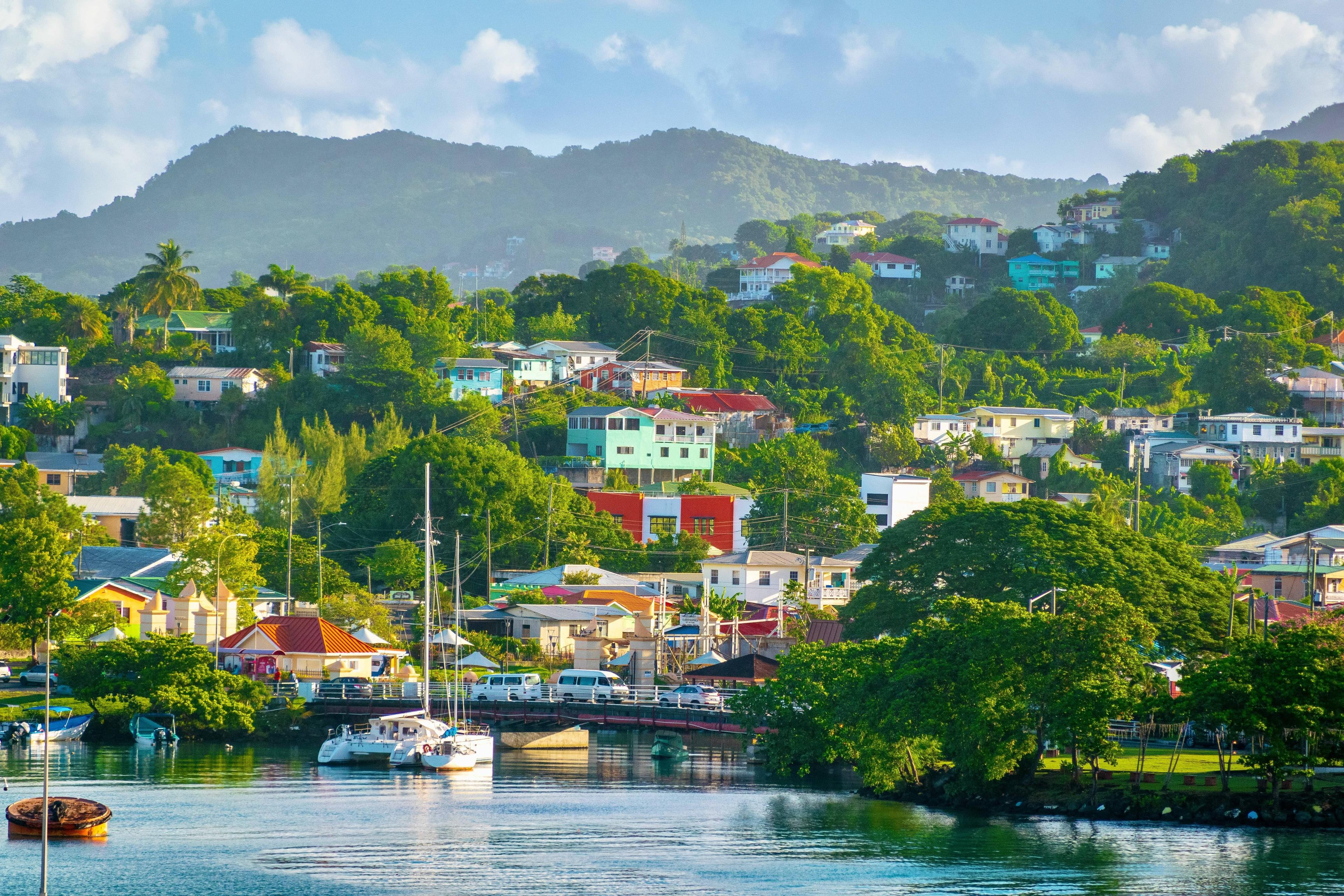 Colorful houses dot a lush green hillside overlooking a tranquil bay with boats.